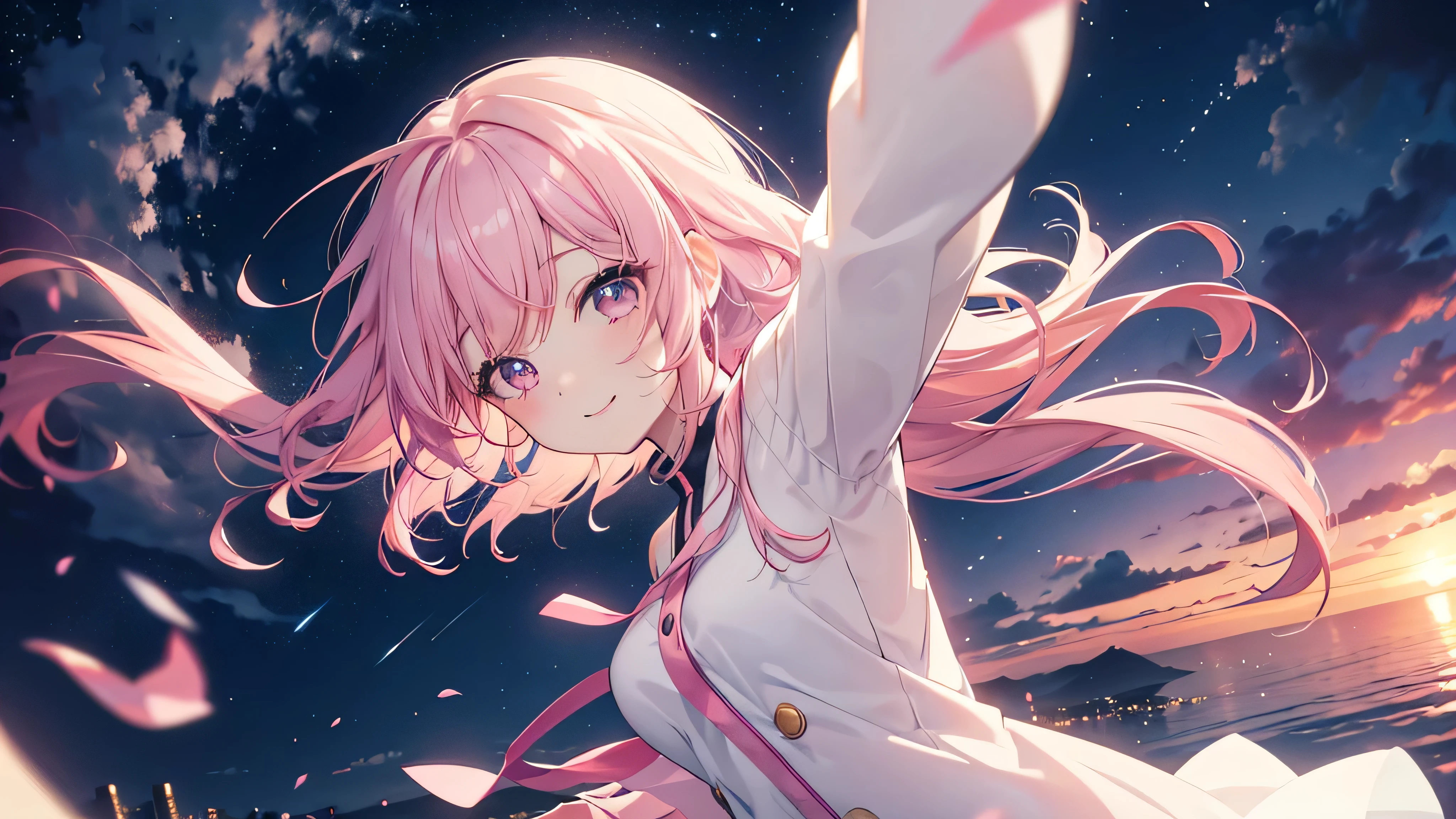 cute anime pink haired girl、White skin、 dynamic 、solo、night,(Side angle,your smile in the sky at sunrise ,)The best smile,