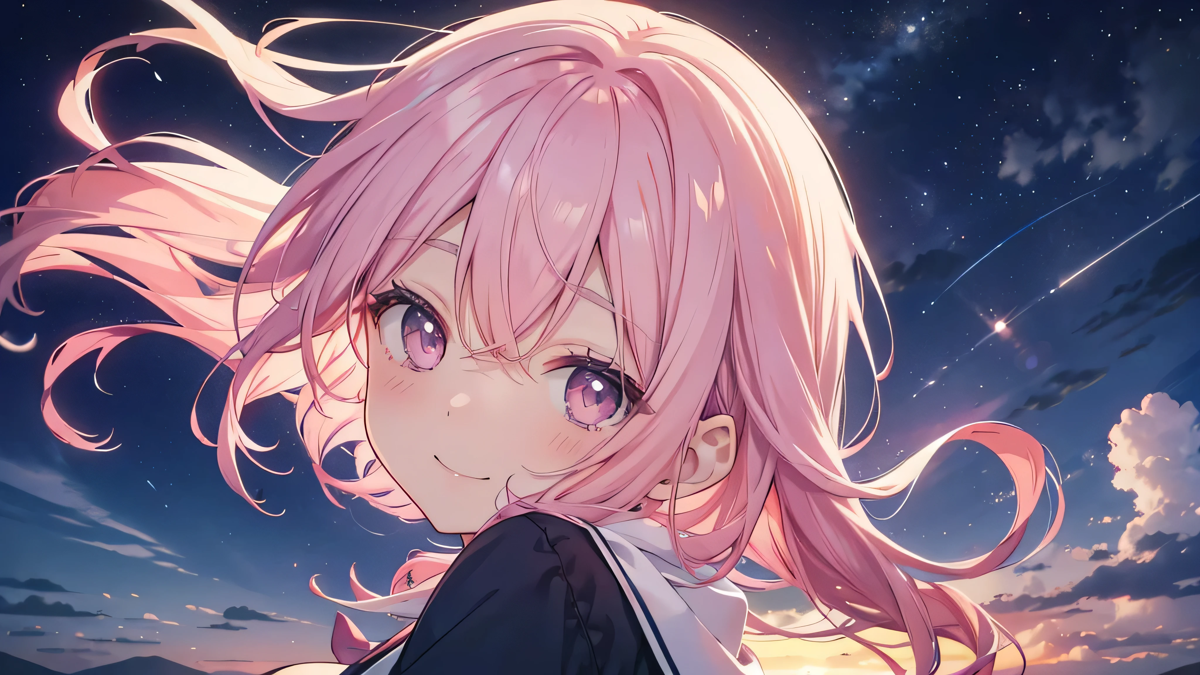 cute anime pink haired girl、White skin、 dynamic 、solo、night,(Side angle,your smile in the sky at sunrise ,)The best smile,