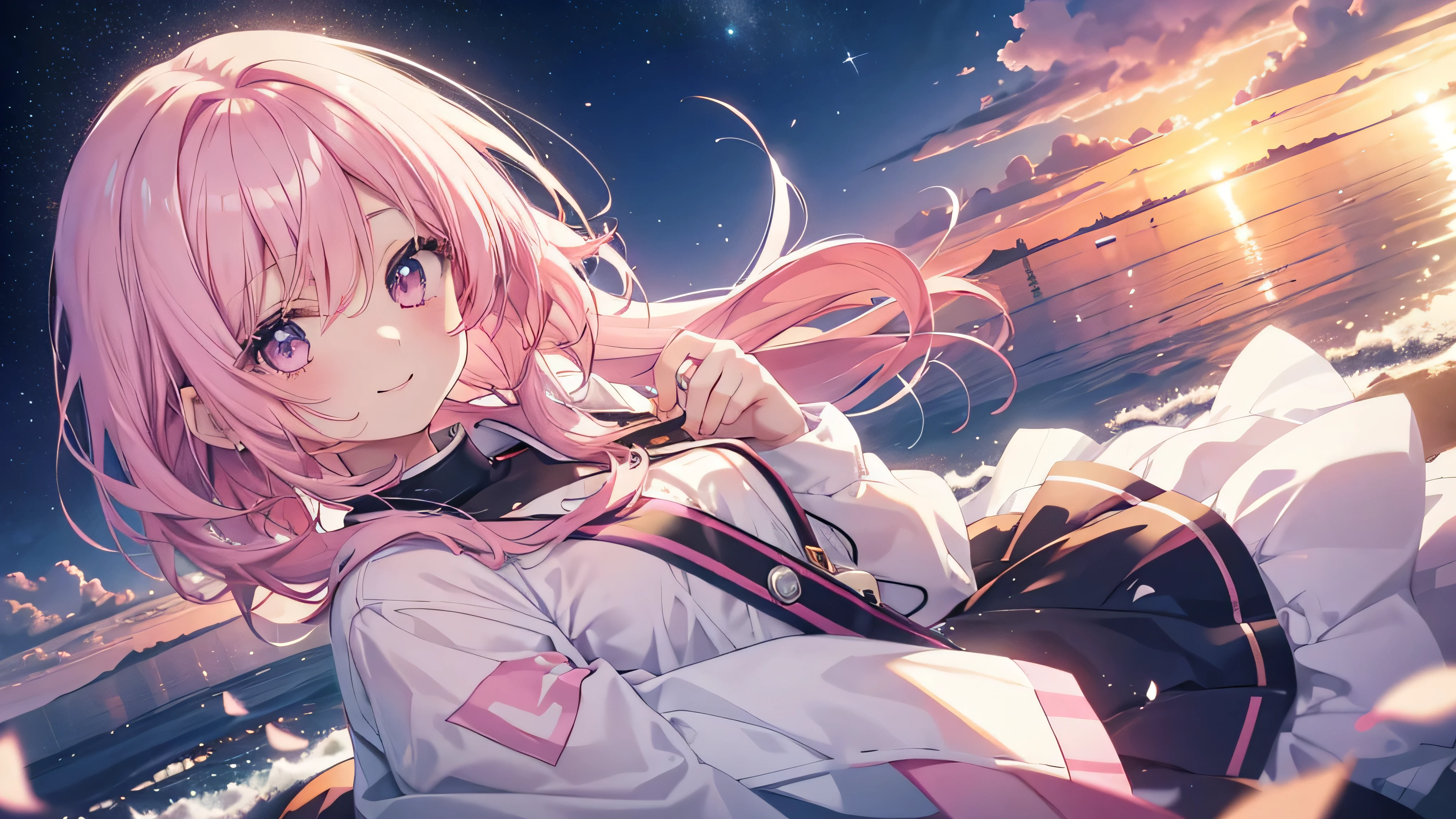 cute anime pink haired girl、White skin、 dynamic 、solo、night,( angle from above ,your smile in the sky at sunrise ,)The best smile,