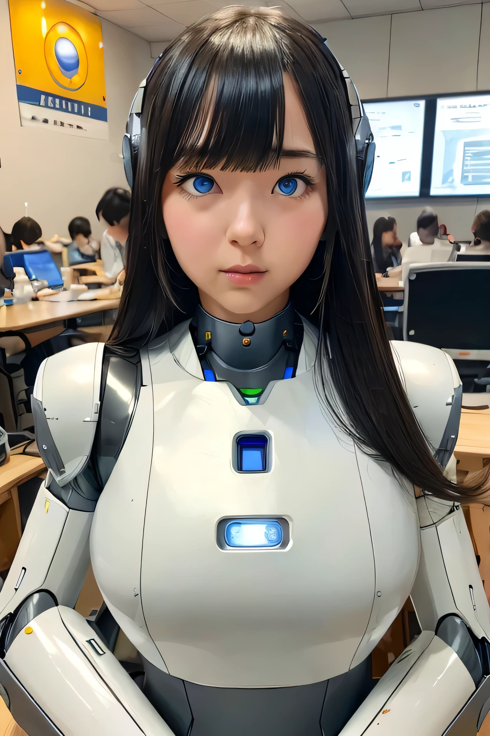 masterpiece, best quality, extremely detailed, Japaese android girl,portrait,Plump,a bit chubby,control panels,android,Droid,Mechanical Hand, Robot arms and legs, Black hair,Blunt bangs,perfect robot girl,long tube,thick cable connected her neck,android,robot,humanoid,cyborg,japanese cyborg girl ,robot-assembly plant,She is assembling now,assembly scene,chest monitor,office-lady,blue eyes