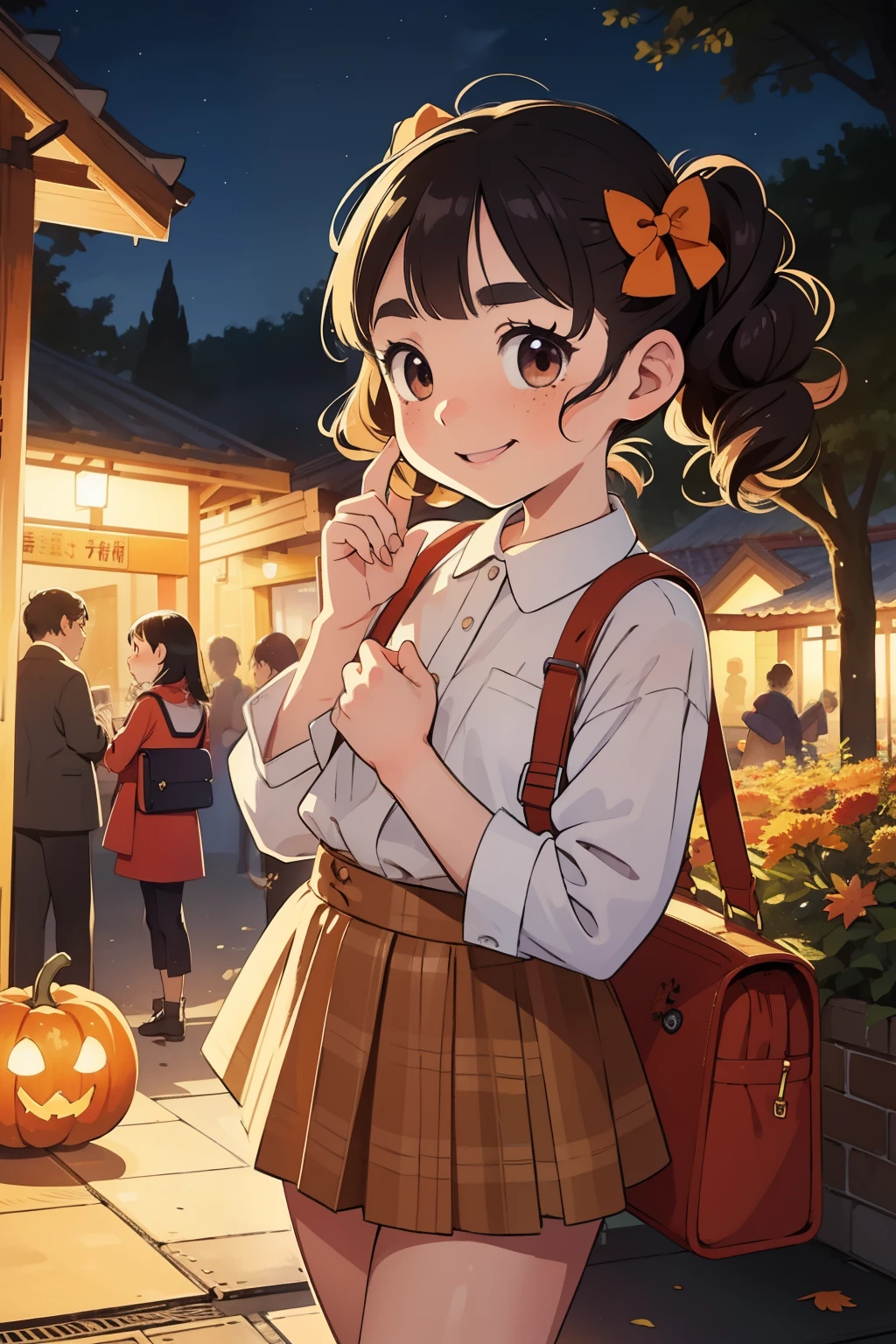 Masterpiece，Best Quality，Cute doodles，Cheerful, Honor student，Young ，baby face，Very short， flat chest，Thin thighs，Curly Hair,  twin tail hair，Vibrant, Curious eyes，Freckles， thick eyebrows，Open Fly，Waiting for the train in front of a small station，Jojo Fashion，smile，Red cheeks，A little embarrassing，autumn，autumnの夜空，autumnの紅葉，Halloween，bright，Low Angle，bright色，watercolor，Accurate and detailed female fingers，Petting a cat，