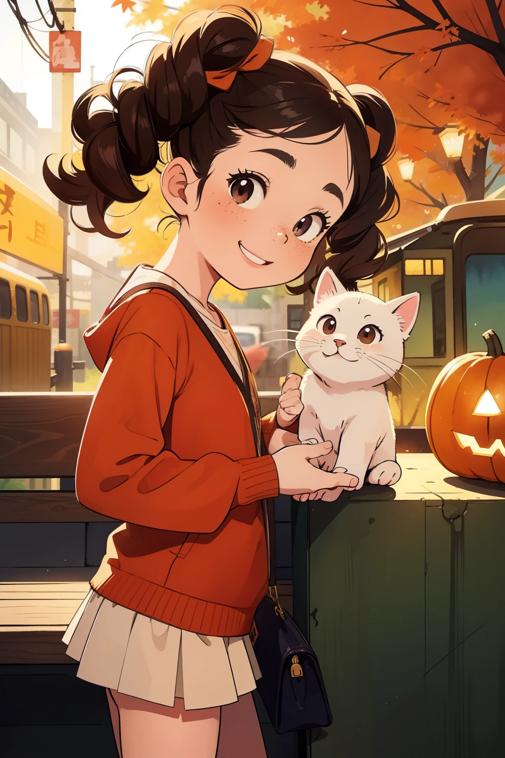 Masterpiece，Best Quality，Cute doodles，Cheerful, Honor student，Young ，baby face，Very short， flat chest，Thin thighs，Curly Hair,  twin tail hair，Vibrant, Curious eyes，Freckles， thick eyebrows，Open Fly，Waiting for the train in front of a small station，Jojo Fashion，smile，Red cheeks，A little embarrassing，autumn，autumnの夜空，autumnの紅葉，Halloween，bright，Low Angle，bright色，watercolor，Accurate and detailed female fingers，Petting a cat，