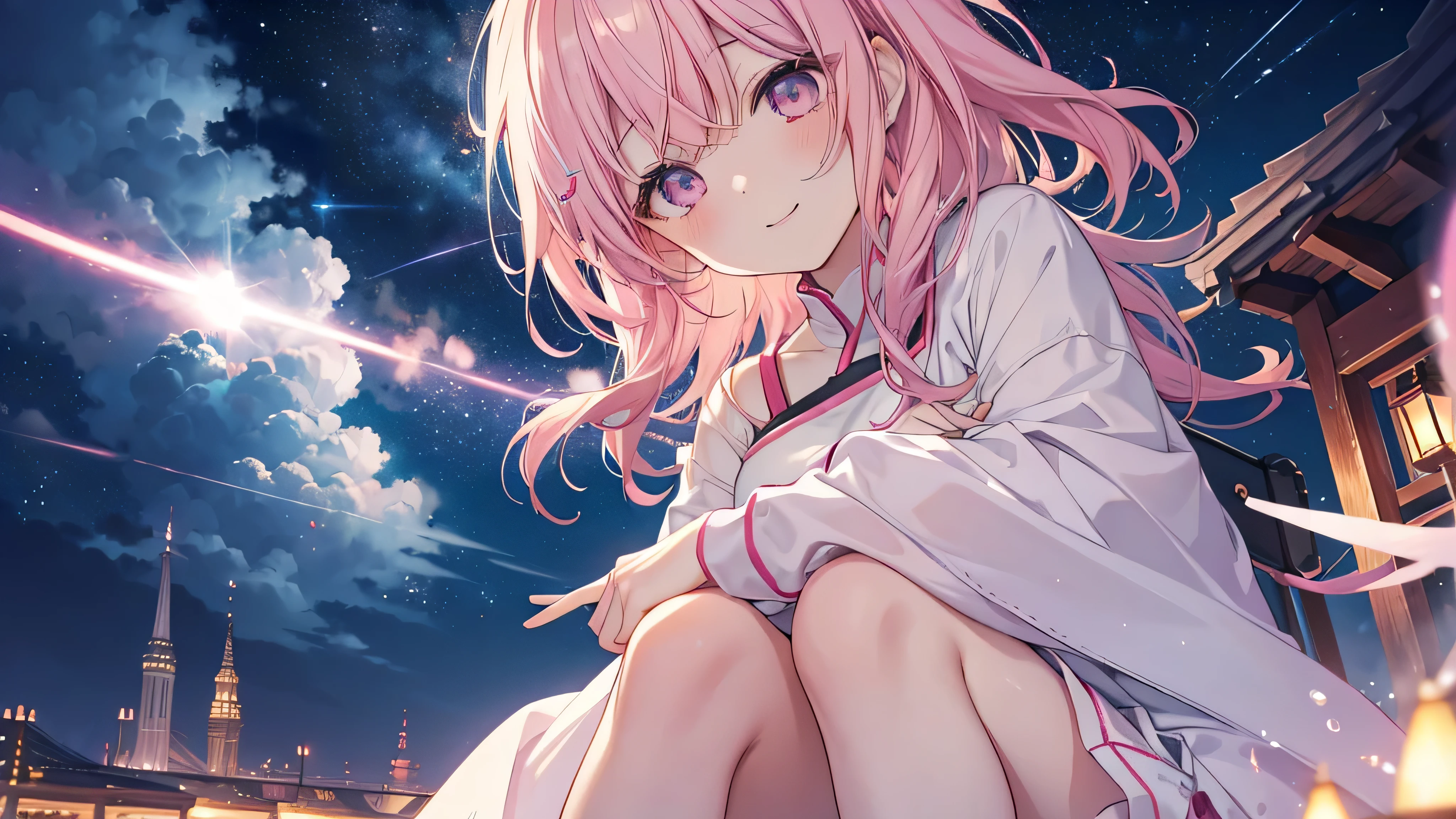  cute anime pink haired girl、White skin、 dynamic 、solo、night,（ angle from below,静かなnightに星が瞬く,)The best smile,