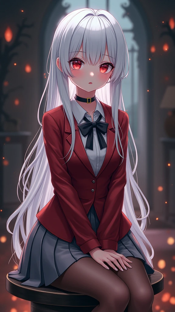 Long white double-tied hair, Crimson Red, Elegant white clothes and long red skirt.
TBHK style