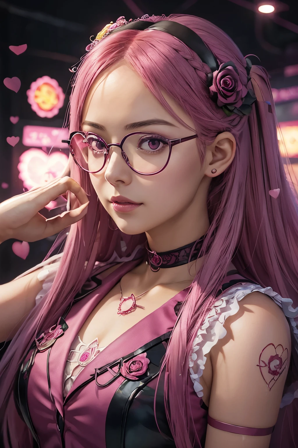  Close-up of a woman with rosa hair wearing glasses,  Artwork in Guvez style  , Guvez , realistic kawaii portrait, inspired by Seihiko-kun, glowing rose face, rose girl, Beautiful anime portrait, rose glasses,  glowing pink eyes , Realistic 3D anime style, yanjuncheng,  realistic anime art style , ((rosa)8K