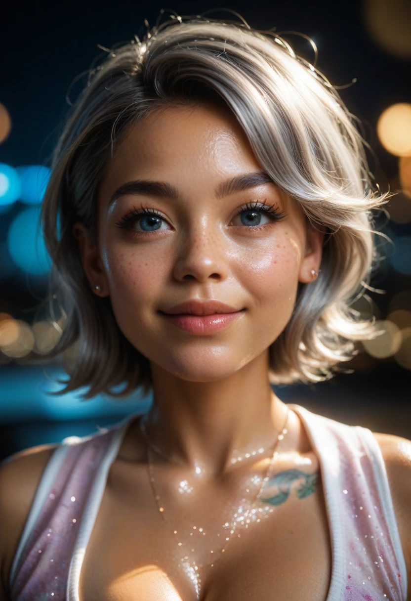 ( detailed sci-fi scene :1.2), style of  glitter and chrome , Cinematic photo shoot,  cute girl , 22 years old,  short silver hair, ( showing deep cleavage ), (tanned Oily skin), Glowing skin, ((Cute face)), 160 color holder, Shot on ARRI ALEXA 65, Bokeh Light,  the subject is in focus, Best details, Realistic, High background detail,high face detail , Atmosphere of action, God&#39;s Rays, 8k,  ray tracing, (( detailed dramatic background )), (Sexy Uniform),  Open Shirt , photo shoot,  super real, Oily skin, sweat,  Glossy Skin,  dynamic pose, make out, Seduce,  moans, Ahegao, Cute,  dramatic scene ,  dramatic lighting ,  color grading , Dynamic Angle,  glitter and chrome ,