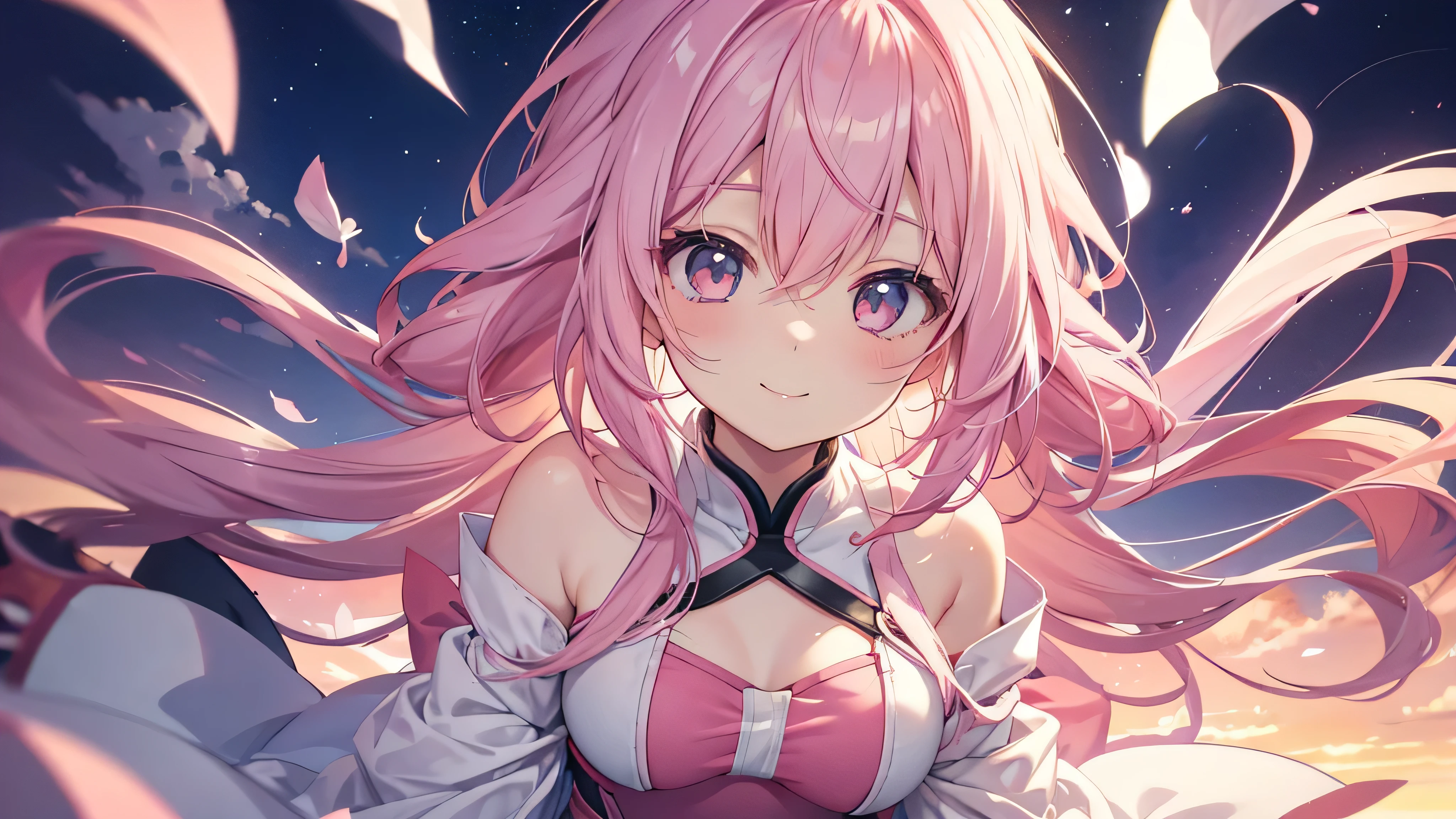 cute anime pink haired girl、White skin、 dynamic 、solo、night,( angle from above ,your smile in the sky at sunrise ,)The best smile,