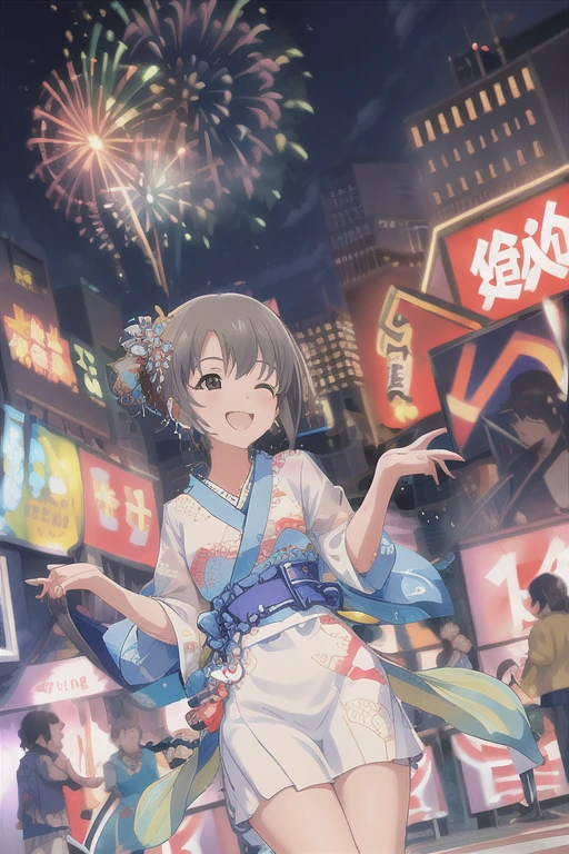 masterpiece, Best Quality,  High Resolution ,  The Idolmaster ,   ,  dramatic lighting ,Summer Festival, 1. Beautiful Women,(Blue kimono),Updo, Big smile, Eyes closed, (Summer Festivalの屋台が並ぶ街並み),(Beautiful Hair,   glowing skin  ,),( silhouettes of a crowd passing by),( anime style),(fireworks in the background of the sky ), (Perfect hands,  Perfect Anatomy),５Finger,