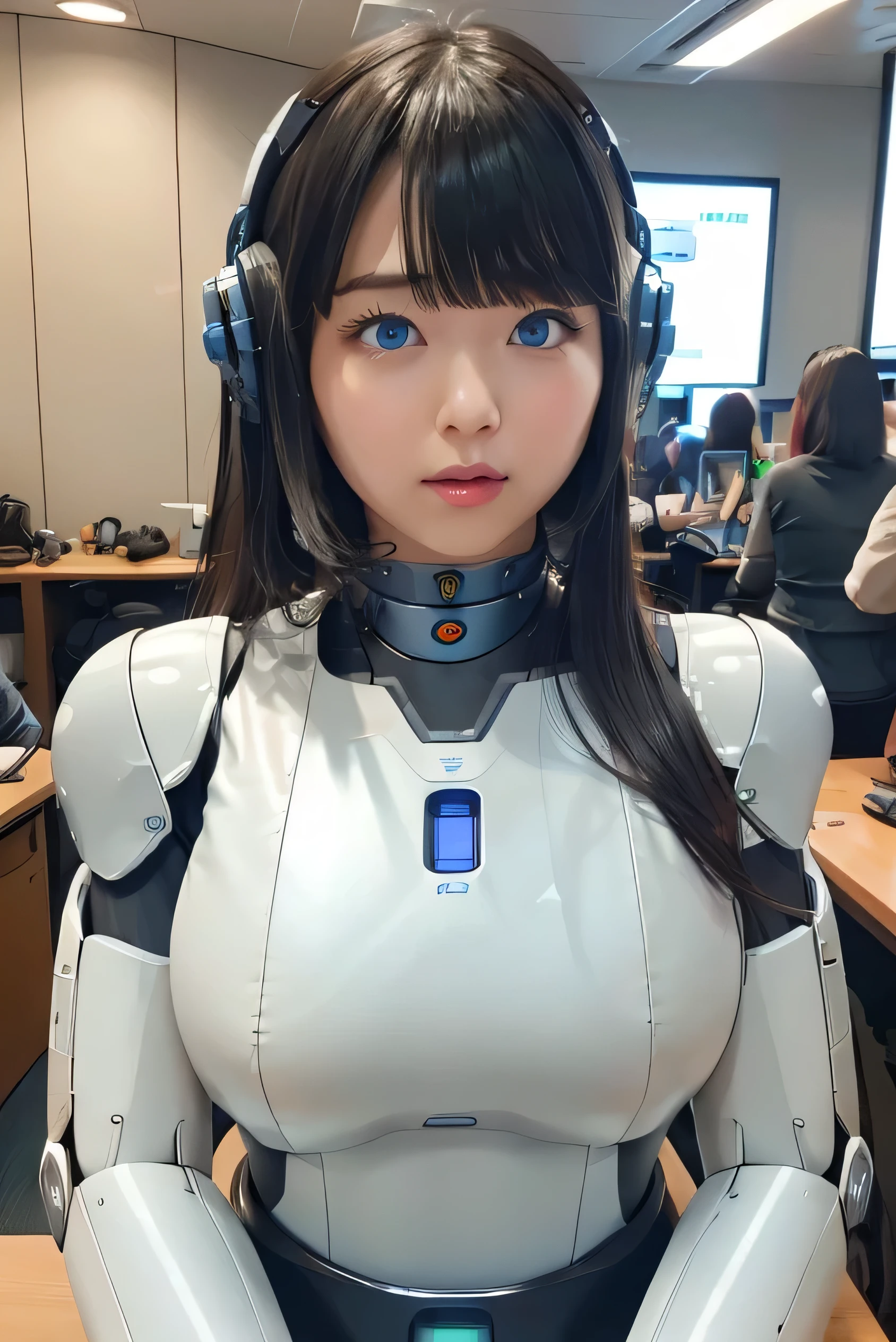 masterpiece, best quality, extremely detailed, Japaese android girl,portrait,Plump,a bit chubby,control panels,android,Droid,Mechanical Hand, Robot arms and legs, Black hair,Blunt bangs,perfect robot girl,long tube,thick cable connected her neck,android,robot,humanoid,cyborg,japanese cyborg girl ,robot-assembly plant,She is assembling now,assembly scene,chest monitor,office-lady,blue eyes