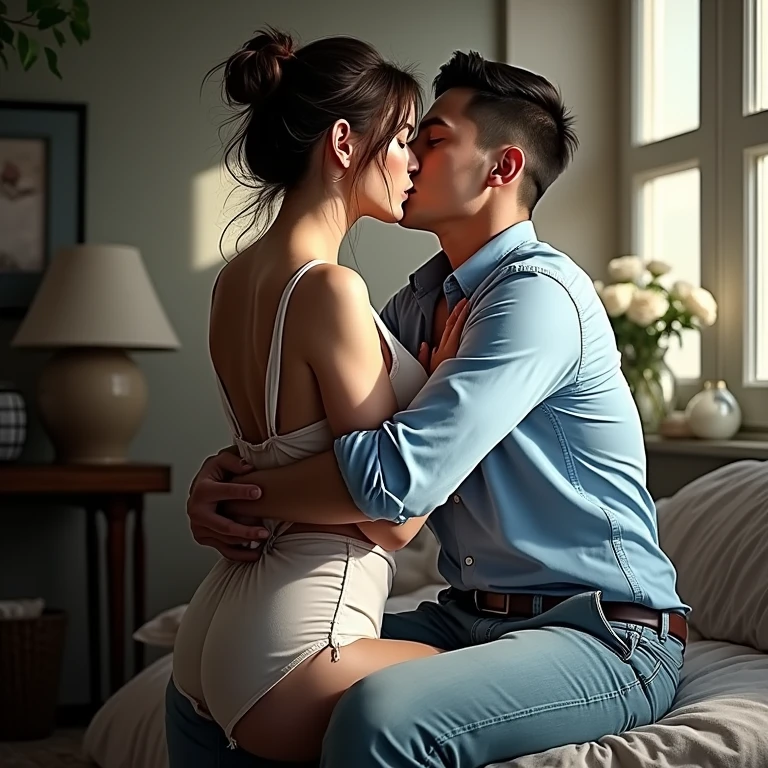 Young boy shirtless kissing and making out passionately with a woman wearing red lingerie and a partially unbuttoned white shirt and white pajamas, boy sitting on couch, woman sitting on his lap, night time, candles lit, very intimate scene