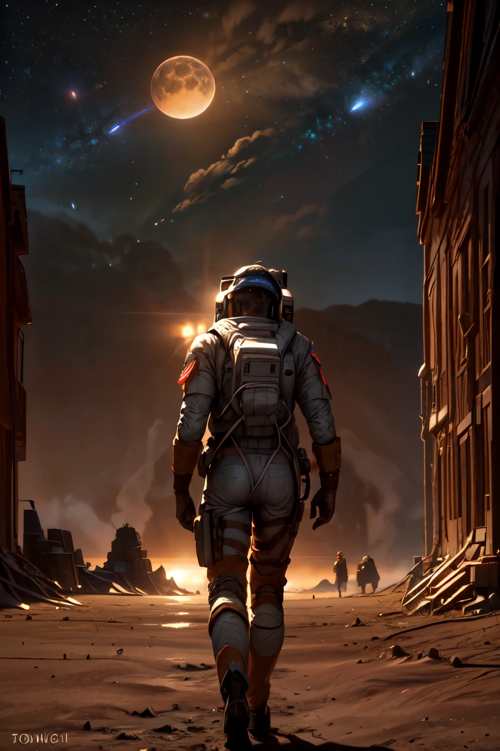 a space module landing on the surface of a planet, 8k highly detailed, photorealistic, cinematic lighting, dramatic, epic scale, realistic space shuttle, moon rover, astronaut walking on the moon, American flag, craters, rocky terrain, planets or moons visible in the background, dramatic shadows, vivid colors