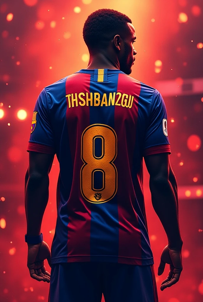 FC Barcelona player logo new jersey 2024 written as name " Alain Tshibangu 8 "