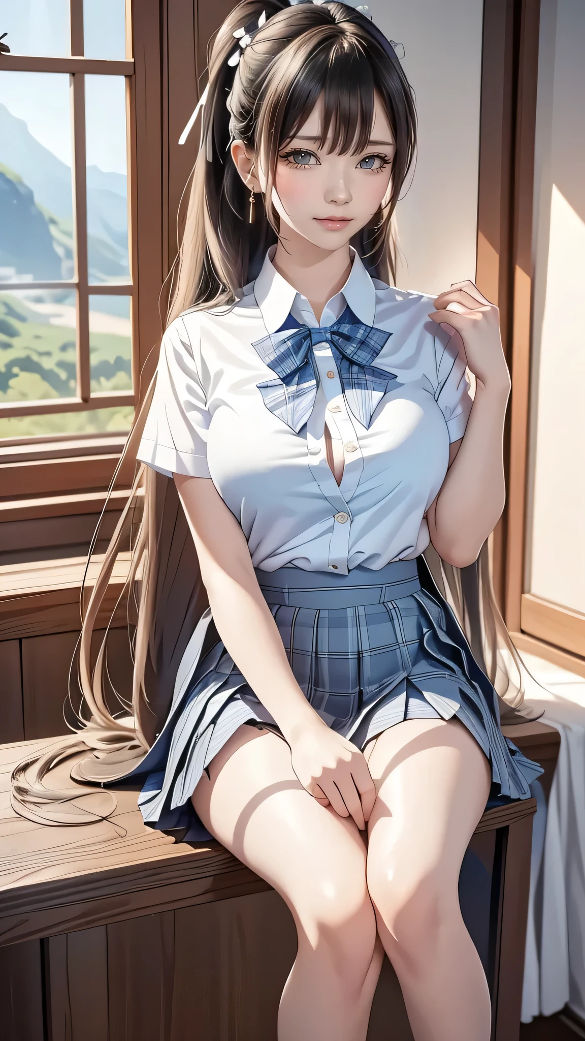 (masterpiece:1.2, highest quality), (realistic, photorealistic:1.4), beautiful illustrations, 
looking at the viewer, whole body, Front view:0.6, 
gal, 1 girl, Japanese, high School girl, (long hair:1.5), blown hair, (half up, half updo), bangs, hair between eyes, big breasts:1.8, 
beautiful hair, beautiful face, beautiful and fine eyes, beautiful clavicle, beautiful body, beautiful breasts, beautiful thighs, beautiful feet, beautiful fingers, 
(beautiful scenery), , School,
((Short sleeve shirt with collar, white shirt, School uniform, Grey plaid pleated skirt, Blue plaid bow tie)), purple panties, 
(Are standing, , lift the skirt, Grab the hem of the skirt, put your hand on your chest, hand between legs), 
blush, ,