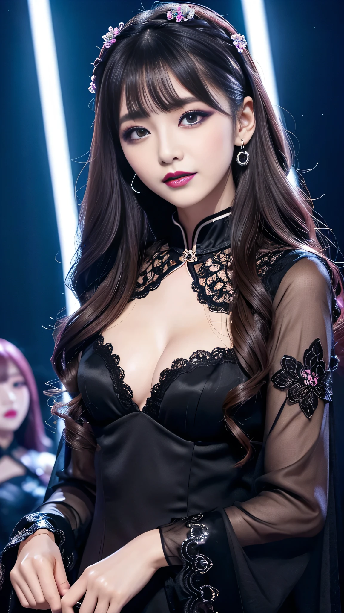 best quality、ultra-detailed、8k、Japanese、Japanese、Seductive beauty、seductive adult woman、Pretty Woman、cool girl、Villainess、brainwash makeup、Brainwashed、brainwash、Fallen into evil、smirk、Evil look、Wicked Smile、evil、Brown hair、wavy hair、swept bangs、dark makeup、dark makeup、piercing eyes、hollow eyes,half-closed eyes、Hollow Eyes、purple Eyeshadow、black lipstick、black lipglos、Lace fabric、black party dress、Wide sleeves、flare skirt、stockings、pantyhose、night、inside darkroom、Are standing、Look、Offer、shoot from below、Make up、Have lipstick、Swear allegiance、I have pledged my allegiance、Seduce、Evil female executive、Female Combatant