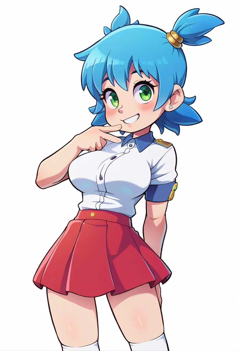 score_9, score_8_up, score_7_up, source_anime, best quality, clear face,shool skinny Nami-girl, bright blue hair, green eyes, medium hair, large breasts, perfect body, standing, looking at viewer,smile cute ,watered eyes, china d, indoor, w,blushing,embrassed,cute boob, p,mini red skirt,plain white shirt,p with hand at side,kyah,cute,Short Twintails,extremely short skirt,white socks,dimple design,