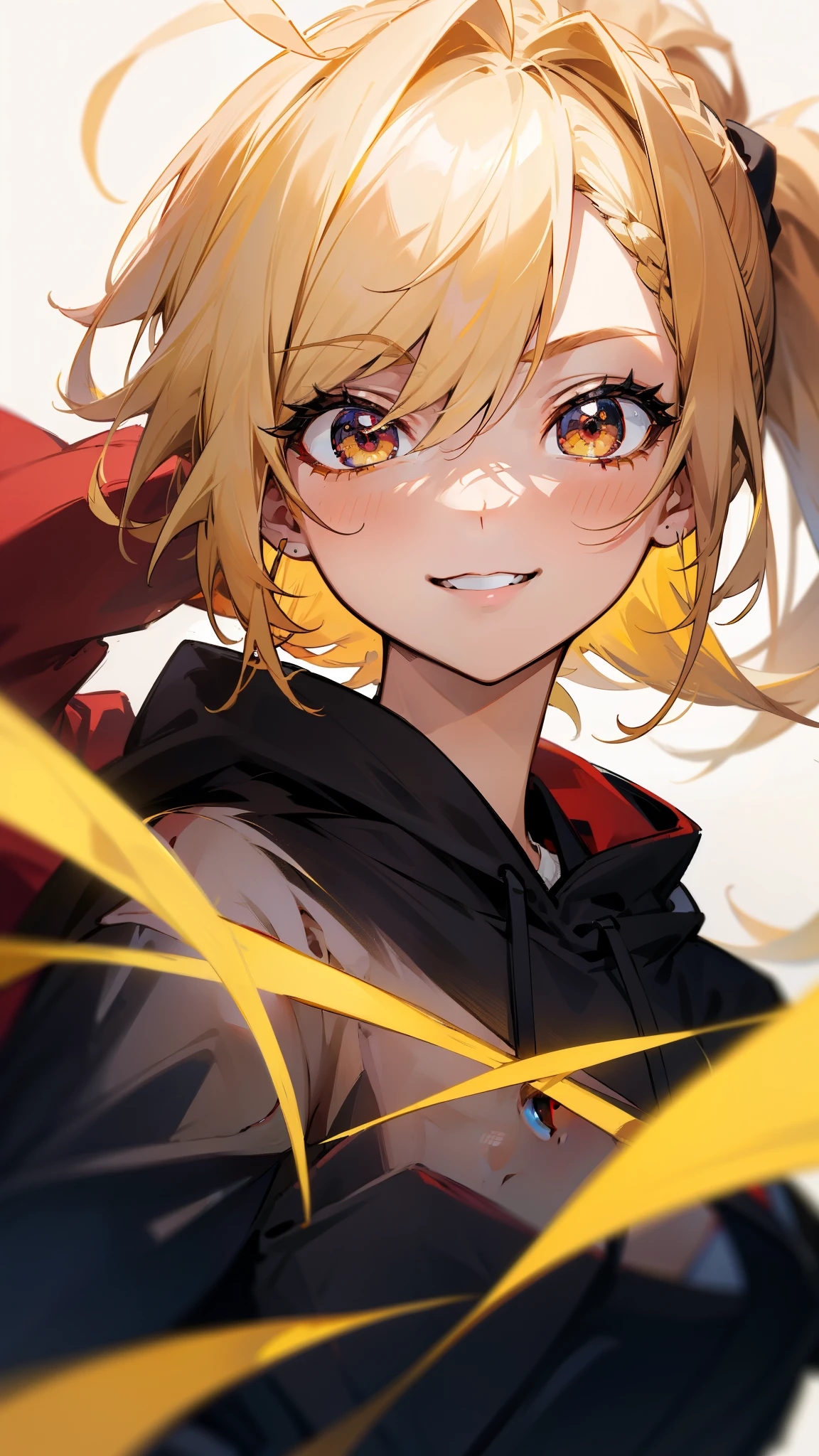 (Best Quality、masterpiece、Every detail)  Anime Girls 、Yellow Hair、Ponytail、Ahoge、Red eyes、Upper body close-up、smile、smile、Wear a black hoodie over a white shirt