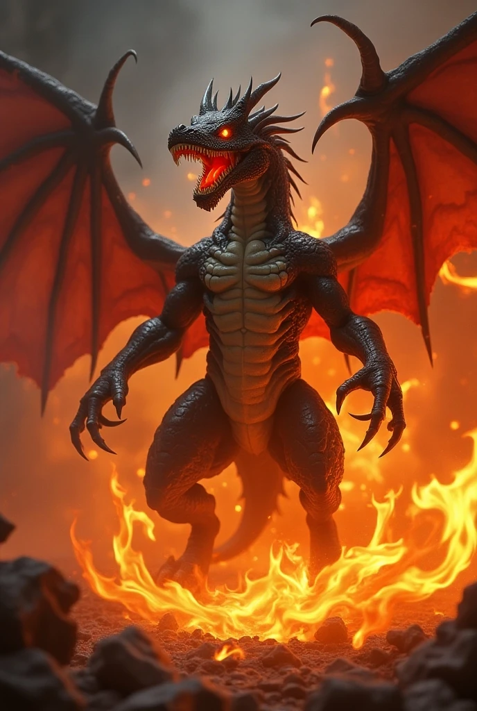 Create a dragon-type Pokémon, parecido com o Charizard, but more intimidating and powerful, de cor laranja com chamas negras.