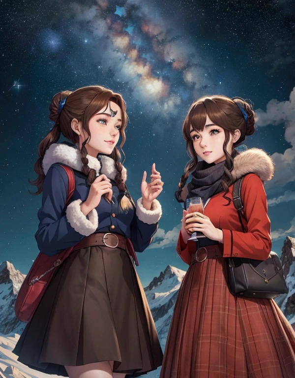  A couple of young people at the top of the mountain enjoying the passing wind,  a starry night sky .
They are socially dressed . 90&#39;s anime style, 2D.