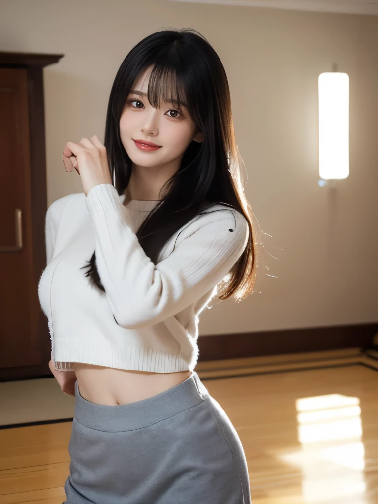 (ultra-detailed),((portrait )),1beautiful Japanese girl with Long hair and bangs,,((smile)),beautiful detailed eyes,beautiful detailed lips,extremely detailed face,longeyelashes,natural lighting, wearing a fashionable sweats and skirts,realistic,((dancing)),(best quality:1.4),(shiny skin),makeup,(skinny,closed mouth,shy :1.3) ,(8k, RAW photo, best quality, masterpiece:1.2),(sharp focus:1.2), professional lighting, photon mapping, radiosity, physically-based rendering, Standing in modern room,