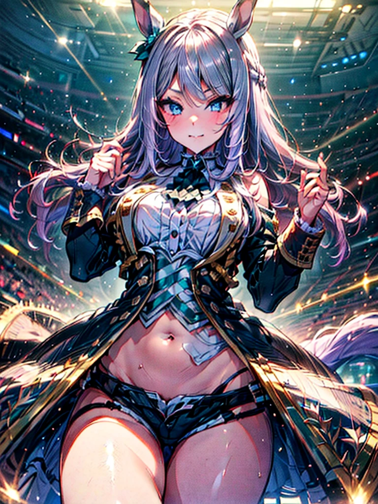 ​(ultra high res, ultra detailed, high resolution, highly detailed, 4k, 8k), an extremely delicate and beautiful, masterpiece, high-level image quality, hightquality, MejiroMcQueen, silver hair, long hair, horse ears, horse girl, a youthful appearance. She has a confident smirk on her full lips and a spark of mischief in her green eyes, (black side-string panties that show off her firm ass), looking at viewer, (Squat,Spread your legs),Spread your legs, ((Baby girl body shape:1.1)), (naked:1.0),