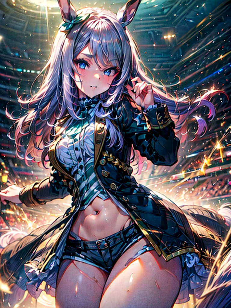 ​(ultra high res, ultra detailed, high resolution, highly detailed, 4k, 8k), an extremely delicate and beautiful, masterpiece, high-level image quality, hightquality, MejiroMcQueen, silver hair, long hair, horse ears, horse girl, a youthful appearance. She has a confident smirk on her full lips and a spark of mischief in her green eyes, (black side-string panties that show off her firm ass), looking at viewer, (Squat,Spread your legs),Spread your legs, ((Baby girl body shape:1.1)), (naked:1.0),