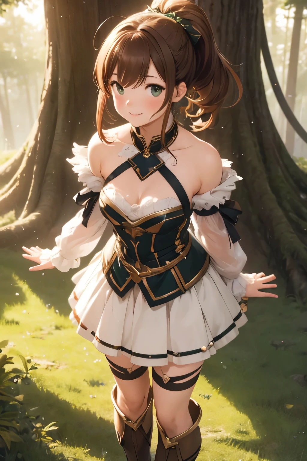 最High image quality ，No fixes，sauce_Anime，Intricate details， High image quality ， Perfect Anatomy，Break 1 ，Alone，cute very young very ， body type，Very short stature，GBF-Polaris, Harbin, Brown Hair,  ponytail, green eyes,  hair accessory，Shining golden armor,  thigh-length boots , GBF-Polaris outfit，Panty shot，  putting her arms behind her back ， Bright smile，Downward facing mouth，Overlapping eyelids ，Frowning，Outdoor， information，Sunlight filtering through the trees，