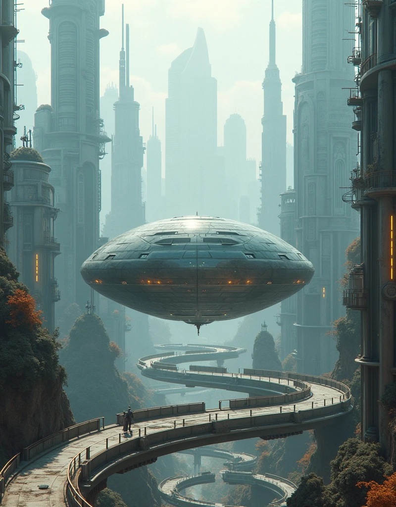 photo shoot, Post-Production with Ultra Photorealism,Hyper-detailing,Ultra-wide angle photography,24th century,SF City, Fantasy World , Future Tech Cities ,Oval building,Levitation,Paths in All Directions , High Definition Surreal VFX,Dirt,spiral,Distant view,Ultra-fine,Super detailed,high quality,8k ,OC Rendering,Dynamic Viewing Angle