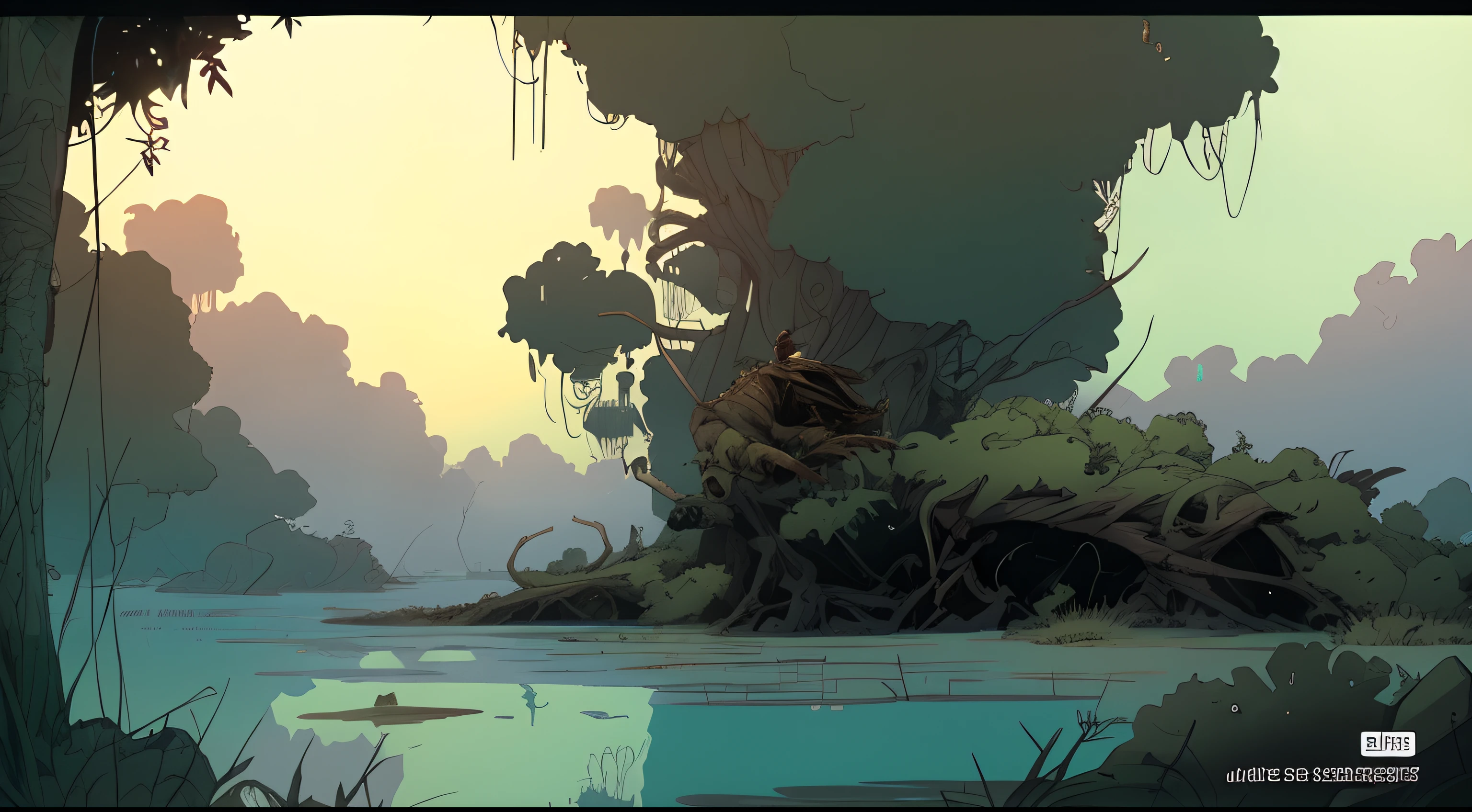 There is a cartoon of a swamp，There is a tree in the middle, laurie greasley and james jean, michael whelan and tomer hanuka, bob larkin and tomer hanuka, greg rutkowski and krenz cushart, pascal blanche, Laurie Greasley, greg tocchini, Simon Starlenhaag color scheme