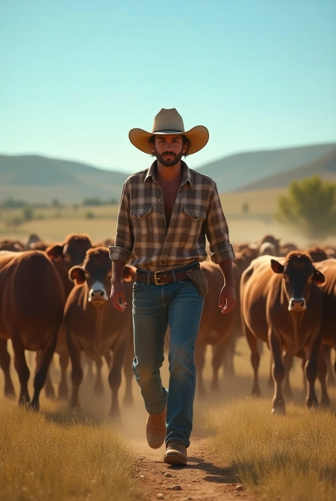 An 18 year old boy, rural clothing, sombrero, Trying to herd the cattle