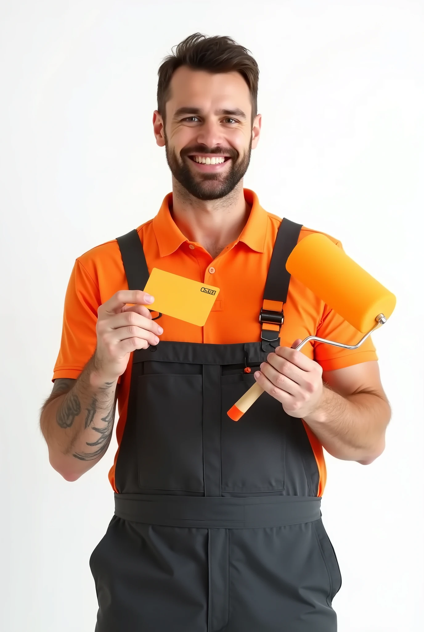 photo half sideways, brutal Russian man in orange polo and dark grey construction jumpsuit with orange accents, WITH ORANGE COLLAR , dark short hair holds an orange discount card, discount card in the other hand holds a construction roller for orange paint, on a white background, professional photo , studio light, SALUTES LIKE A SOLDIER WITH ONE HAND, smiles, glad