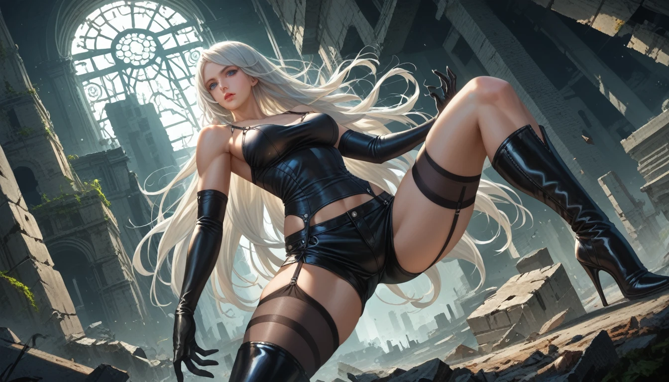 score_9, score_8_up, score_7_up,source_anime,
a mature adult woman inspired A2_\(Nier Automata\), 
detailed face, beautiful face, face in sharp focus, silver long hair, blue eyes, 
muscular body, anatomically correct body, perfect hands, perfect fingers, realistic skin texture, radiant skin, bare shoulders,
black camisole with cutouts, black leather shorts, elbow-length gloves, 
black thigh-high stockings, garter belt, asymmetrical leg clothing, high-heeled shoes, black thigh-high boots, 
dark background, city ruins,
dynamic pose, low angle,