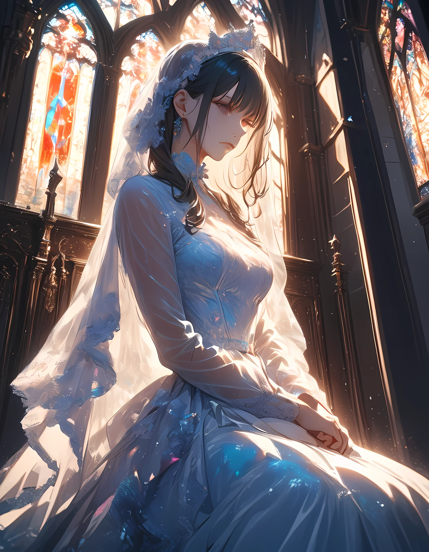a picture of a bride siting alone near the altar after her groom left her, she is wearing a bride's white dress, intricate dress, high heels, church's altar background, the church is empty, sunset sunrays coming through the stained glass windows, a sense of loss, sad atmosphere, a sad breakup, Ultra-high resolution, High Contrast, (masterpiece:1.5), highest quality, Best aesthetics), best details, best quality, highres, 16k, (ultra detailed: 1.5), masterpiece, best quality, (extremely detailed) RAW, (ultra details, Masterpiece, best quality), Hyperrealism style, mythp0rt, AuroraStyle