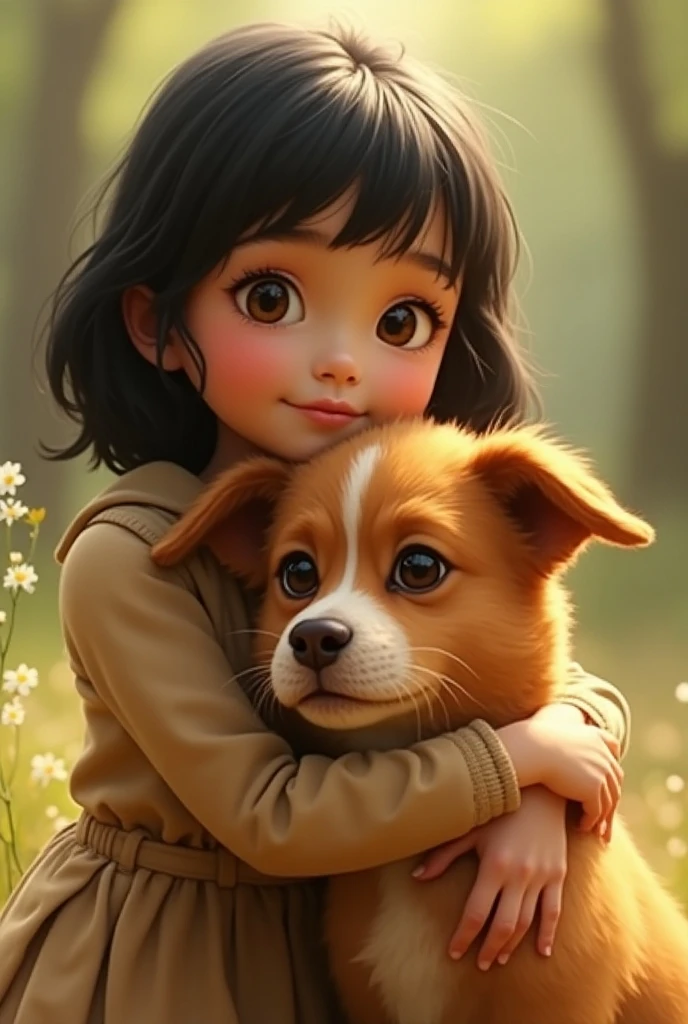 Disney animated of a teenage girl with black bob hair with a bangs hugging a tricolor beagle in a garden with pink flowers