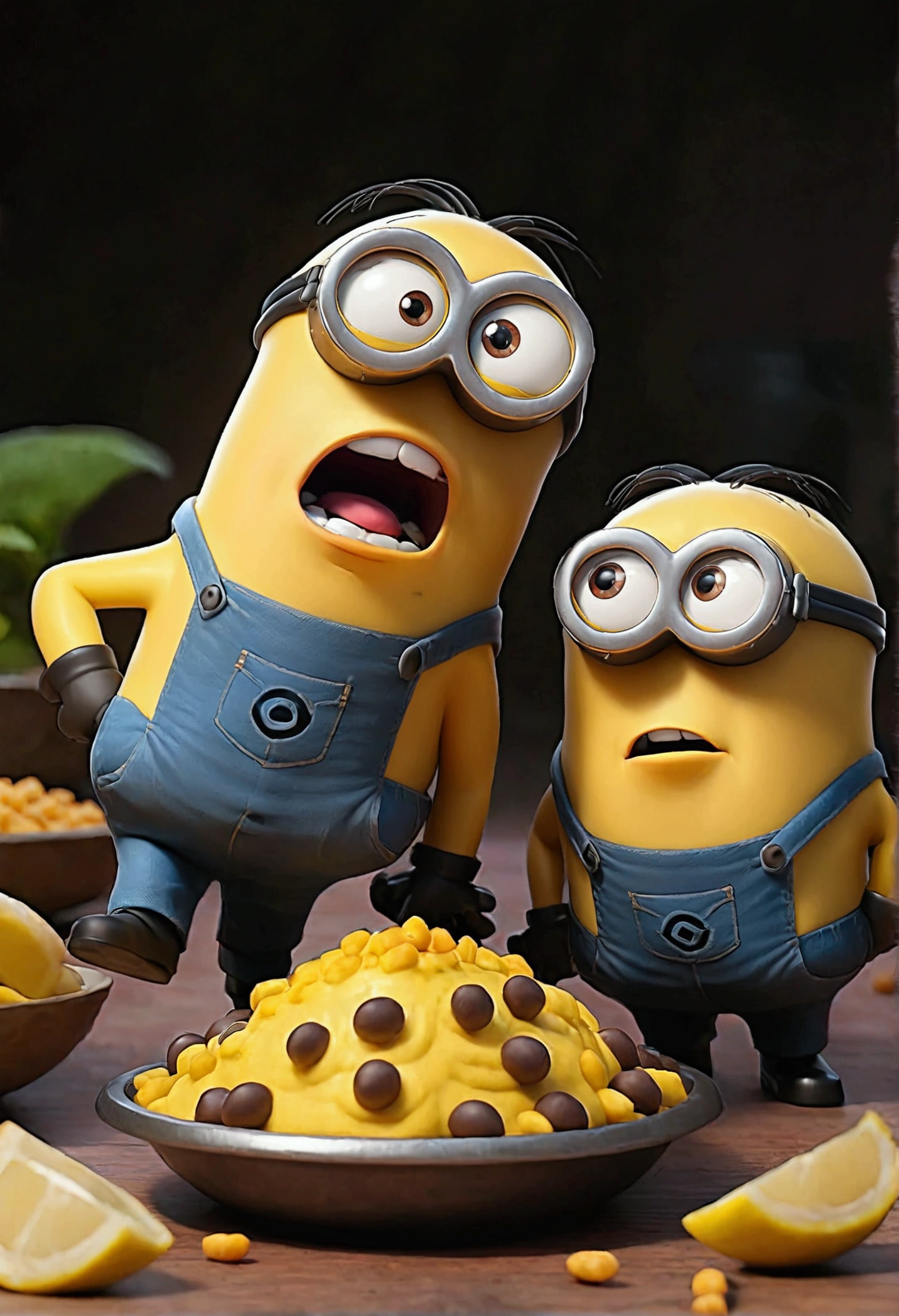 a completely wasted minion smoking a joint in a large warehouse where there is written in big letters on a large luminous sign Coffee Minion35 and in the warehouse full of minions who transport crates and bags filled with cannabis with bags of white powder in cartoon