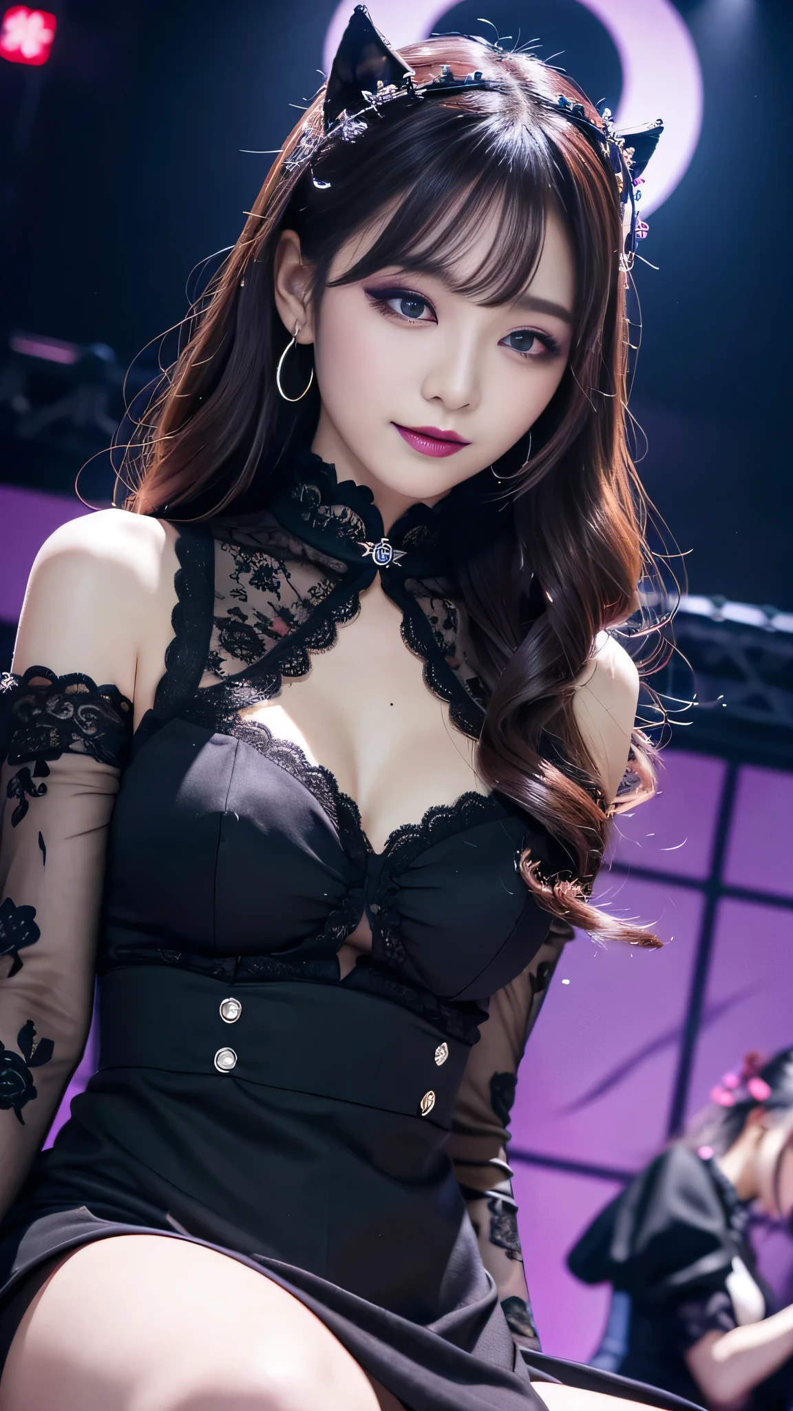 best quality、ultra-detailed、4k、Japanese、Seductive beauty、seductive adult woman、Pretty Woman、cool girl、Villainess、Brainwashed、brainwash、Fallen into evil、smirk、Evil look、Wicked Smile、evil、Brown hair、wavy hair、swept bangs、dark makeup、dark makeup、piercing eyes、hollow eyes,half-closed eyes、Hollow Eyes、purple Eyeshadow、black lipstick、black lipglos、Lace fabric、blue party dress、Wide sleeves、stockings、pantyhose、night、inside darkroom、Are standing、shoot from below、Make up、Makeup brushes、Have lipstick、Swear allegiance、I have pledged my allegiance、Seduce、