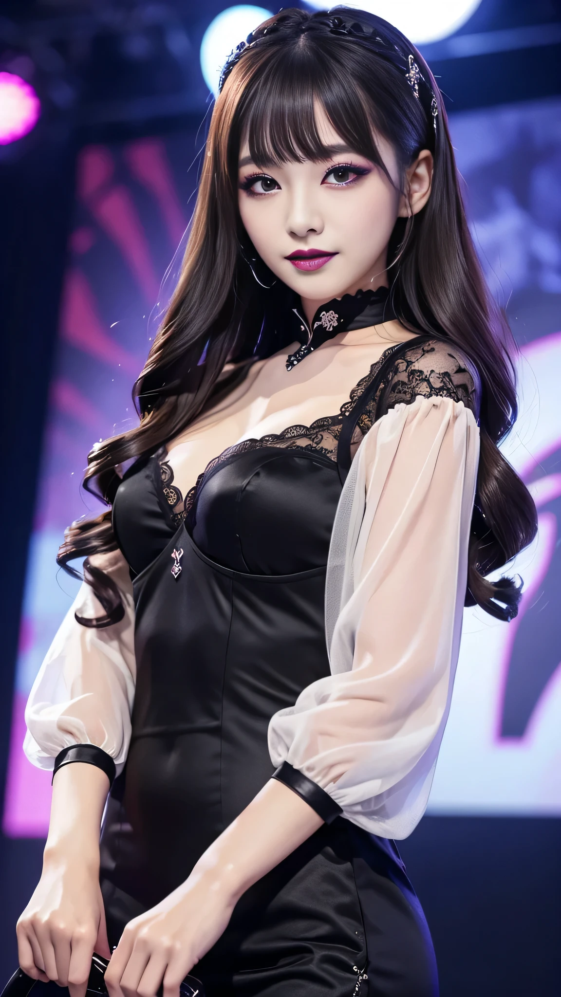 best quality、ultra-detailed、4k、Japanese、Seductive beauty、seductive adult woman、Pretty Woman、cool girl、Villainess、Brainwashed、brainwash、Fallen into evil、smirk、Evil look、Wicked Smile、evil、Brown hair、wavy hair、swept bangs、dark makeup、dark makeup、piercing eyes、hollow eyes,half-closed eyes、Hollow Eyes、purple Eyeshadow、black lipstick、black lipglos、Lace fabric、blue party dress、Wide sleeves、flare skirt、stockings、pantyhose、night、inside darkroom、Are standing、shoot from below、Make up、Hold a small makeup brush、Injection needle、Swear allegiance、I have pledged my allegiance、Seduce、