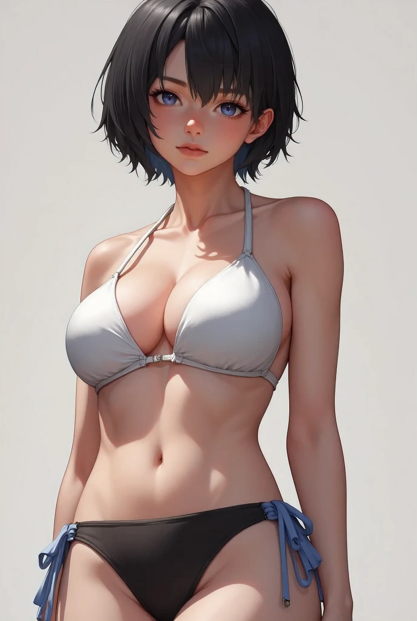 Highest quality、Realistic、woman、zoom、Orange eyes、Very short black hair、White nano bikini、thin、Large Breasts、Sunburn。Dark Skin、、White Long Gloves、White long boots