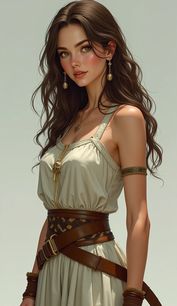 studio background, fundo simples, uma , latina face, brown skin, long natural dark hair, glamour, Stand up, maquiagem, Lips are soft or colored, , silhuetas fluidas, Stand Up, provocador, surprised facial expression, bashful, simple lighting and texture, fantasy farmer elegant clothes