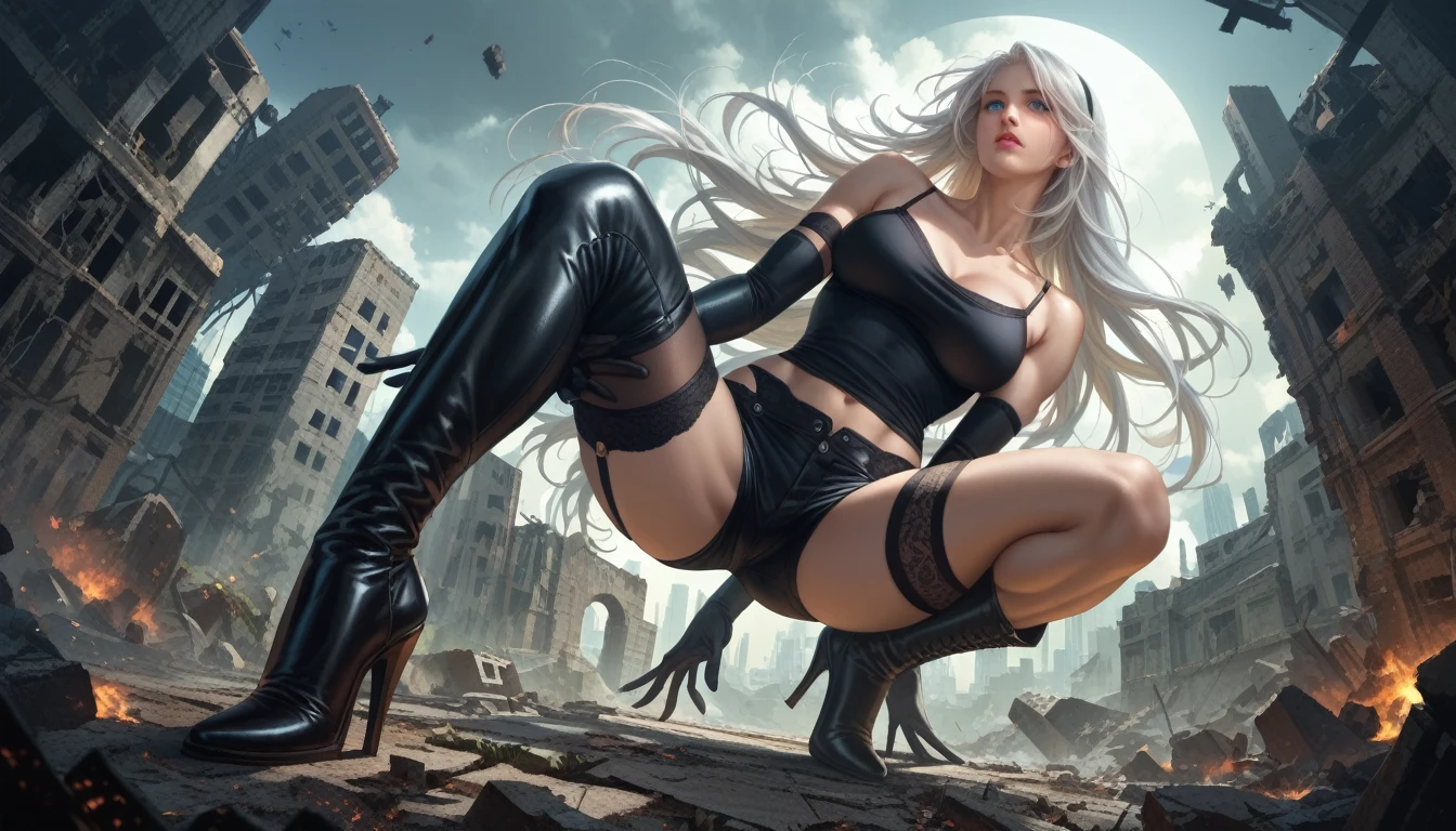 score_9, score_8_up, score_7_up,source_anime,
a mature adult woman inspired A2_\(Nier Automata\), 
detailed face, beautiful face, face in sharp focus, silver long hair, blue eyes, 
muscular body, anatomically correct body, perfect hands, perfect fingers, realistic skin texture, radiant skin, bare shoulders,
black camisole with cutouts, black leather shorts, elbow-length gloves, 
black thigh-high stockings, garter belt, asymmetrical leg clothing, high-heeled shoes, black thigh-high boots, 
dark background, city ruins,
dynamic pose, low angle,