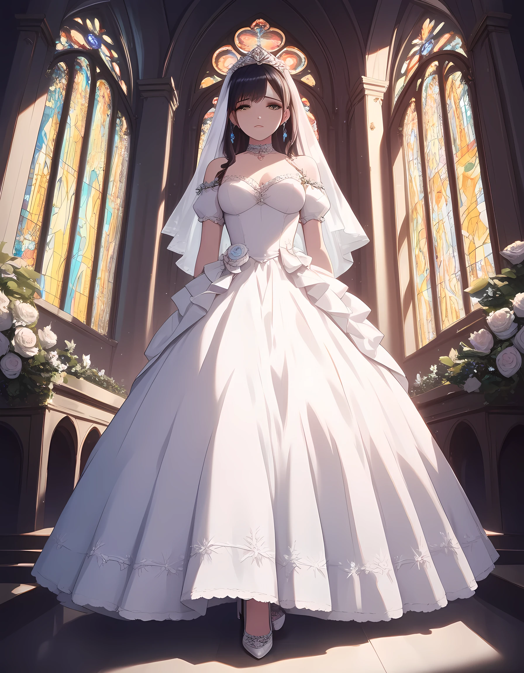 a picture of a bride siting alone near the altar after her groom left her, she is wearing a bride's white dress, intricate dress, high heels, church's altar background, the church is empty, sunset sunrays coming through the stained glass windows, a sense of loss, sad atmosphere, a sad breakup, Ultra-high resolution, High Contrast, (masterpiece:1.5), highest quality, Best aesthetics), best details, best quality, highres, 16k, (ultra detailed: 1.5), masterpiece, best quality, (extremely detailed) RAW, (ultra details, Masterpiece, best quality), Hyperrealism style, mythp0rt, AuroraStyle