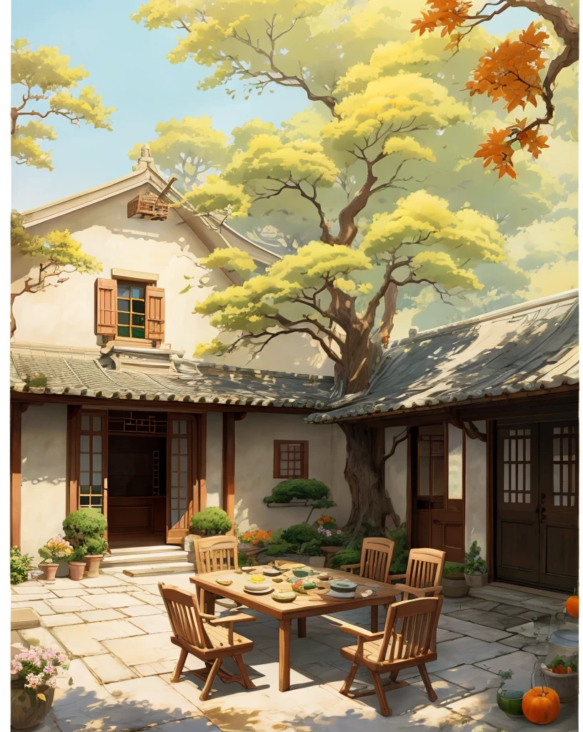 Draw a courtyard with tables and chairs and a tree, Chinese courtyard, the structure of the house is simple in Chinese, warm late autumn warm colors, tables and chairs in the yard, fruit plates on the table, flowers and plants around, beautiful artwork illustrations, landscape artwork, autumn, Zhou Chen, there is a persimmon tree, full of red persimmons, lens wide angle, far view, master works, anime background art, Studio Ghibli art, Studio Ghibli environment, beautiful digital painting, detailed scenery - width 672, Studio Ghibli style, Studio Ghibli Sunshine, beautiful digital artwork, painted by Ni Yuanlu, Studio Ghibli painting style