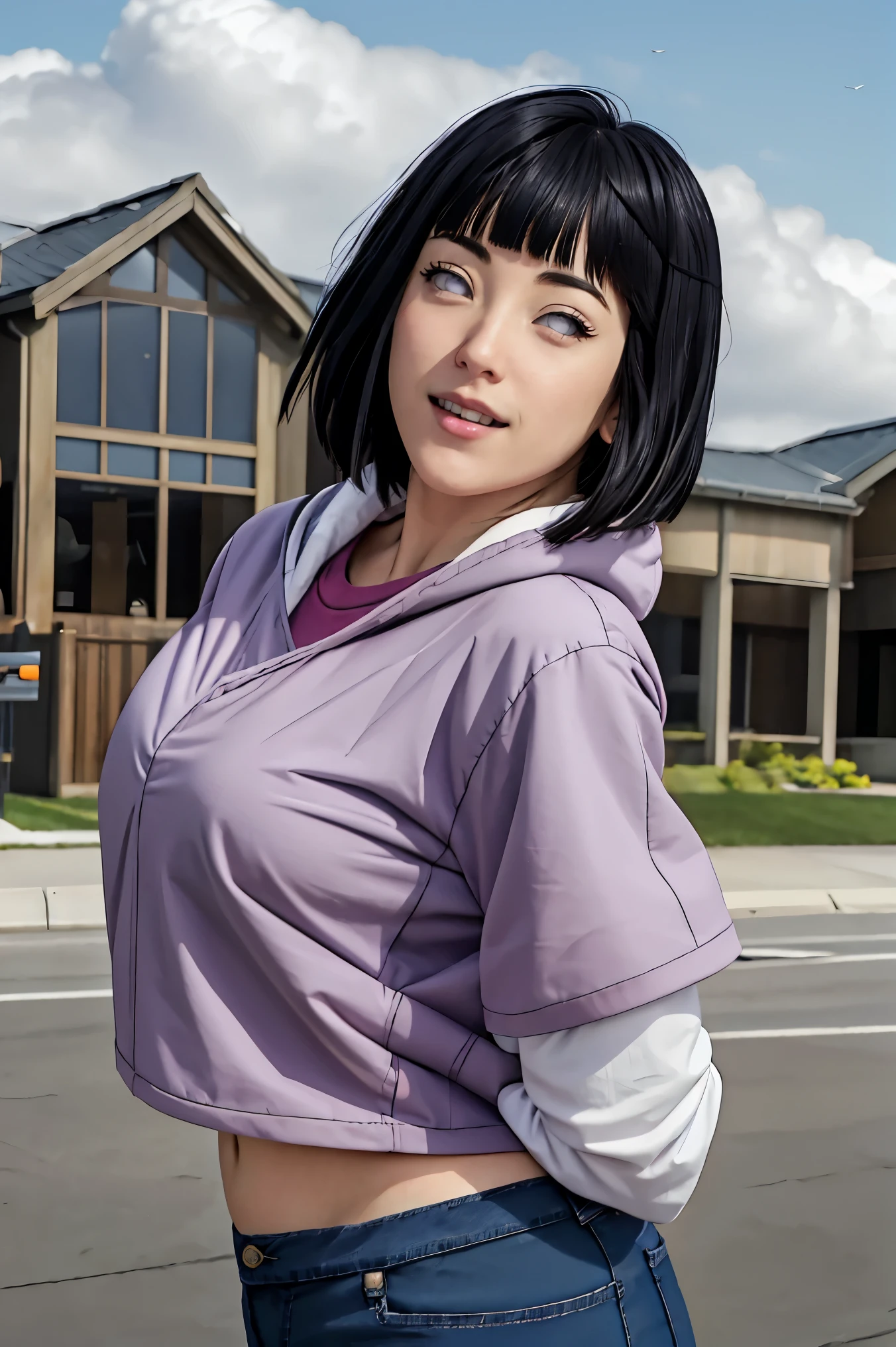 part master, absurdities, Hinata\(boruto\), 1 girl, Alone, mature woman , Purple hood,layered sleeves, jeans, outdoor, cloudy sky, perfect composition, circumstantial lips, big chest, Pretty face, Body Proportion, Blush, (pink lips), short black hair (by black), lilac eyes, smooth appearance, super realistic, circumstantial, photoshoot, realistic face and body, Realistic hair, realistic eyes, realistic nose, realistic lips, brown jeans, excited, dancing lightly. on your back, looking sensually, sorriso sexy, Mouth closed. different pose.