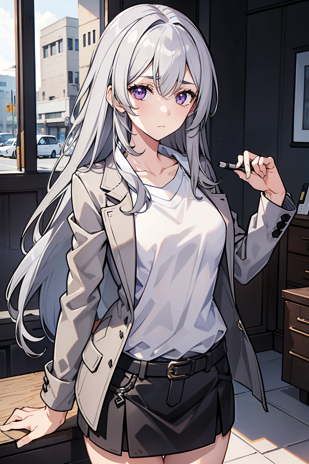 1girl, milky skin, grey hair, long hair, bored, no expression, neutral, nonchalant, purple eyes, detailed eyes, grey jacket, white shirt, cowboy shot,