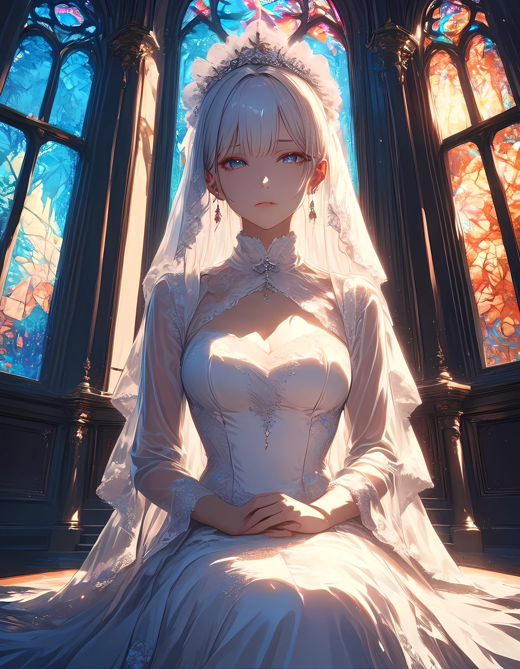 女の子1人、Masterpiece、top-quality、Delicate and beautiful、white  hair、Beautiful and delicate long hair、Long veil、爆乳、Delicate and beautiful white lace dress、Bejeweled dress、Beautiful garnet-colored eyes、Enchanted breasts、Enchanted thighs、Delicate and beautiful flower garden、It's snowing in the shimmering snow、moonlight、nigh sky、Beautiful lace ribbon、Ephemeral atmosphere、Gentle expression、Delicate and fine、4K、high-level image quality