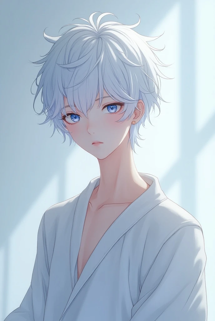 cheeky handsome boy　silver hair　cat eyes　piercings in both ears　Short sleeve shorts　illustration style　Slender body　naughty smile　lying down