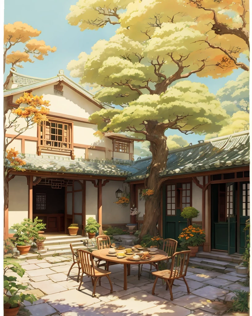 Draw a courtyard with tables and chairs and a tree, Chinese courtyard, the structure of the house is simple in Chinese, warm late autumn warm colors, tables and chairs in the yard, fruit plates on the table, flowers and plants around, beautiful artwork illustrations, landscape artwork, autumn, Zhou Chen, there is a persimmon tree, full of red persimmons, lens wide angle, far view, master works, anime background art, Studio Ghibli art, Studio Ghibli environment, beautiful digital painting, detailed scenery - width 672, Studio Ghibli style, Studio Ghibli Sunshine, beautiful digital artwork, painted by Ni Yuanlu, Studio Ghibli painting style