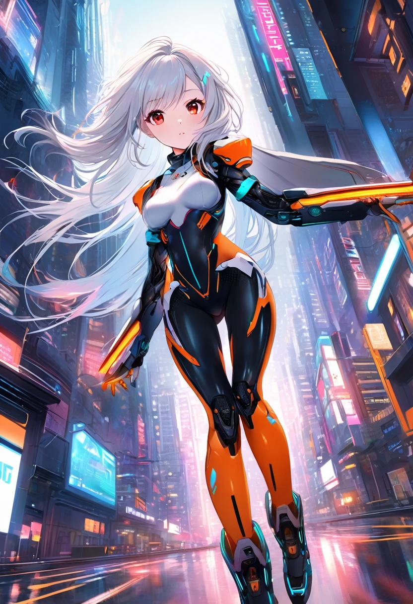 (sfw), intricate details, 1girl, night, (bright neon colors), ((flying over futuristic cyberpunk city)), detailed background, (petite cyborg girl, ((cute perfect face, bright glowing red eyes)), (perfect anatomy, petite perky breasts), (absurdly long gradient orange and white hair, hair blowing in the wind)), detailed ribbed impossible bodysuit, shoulder armor, cybernetic limbs, dynamic angle, <lora:aMechaMusumeA_arc:0.5>