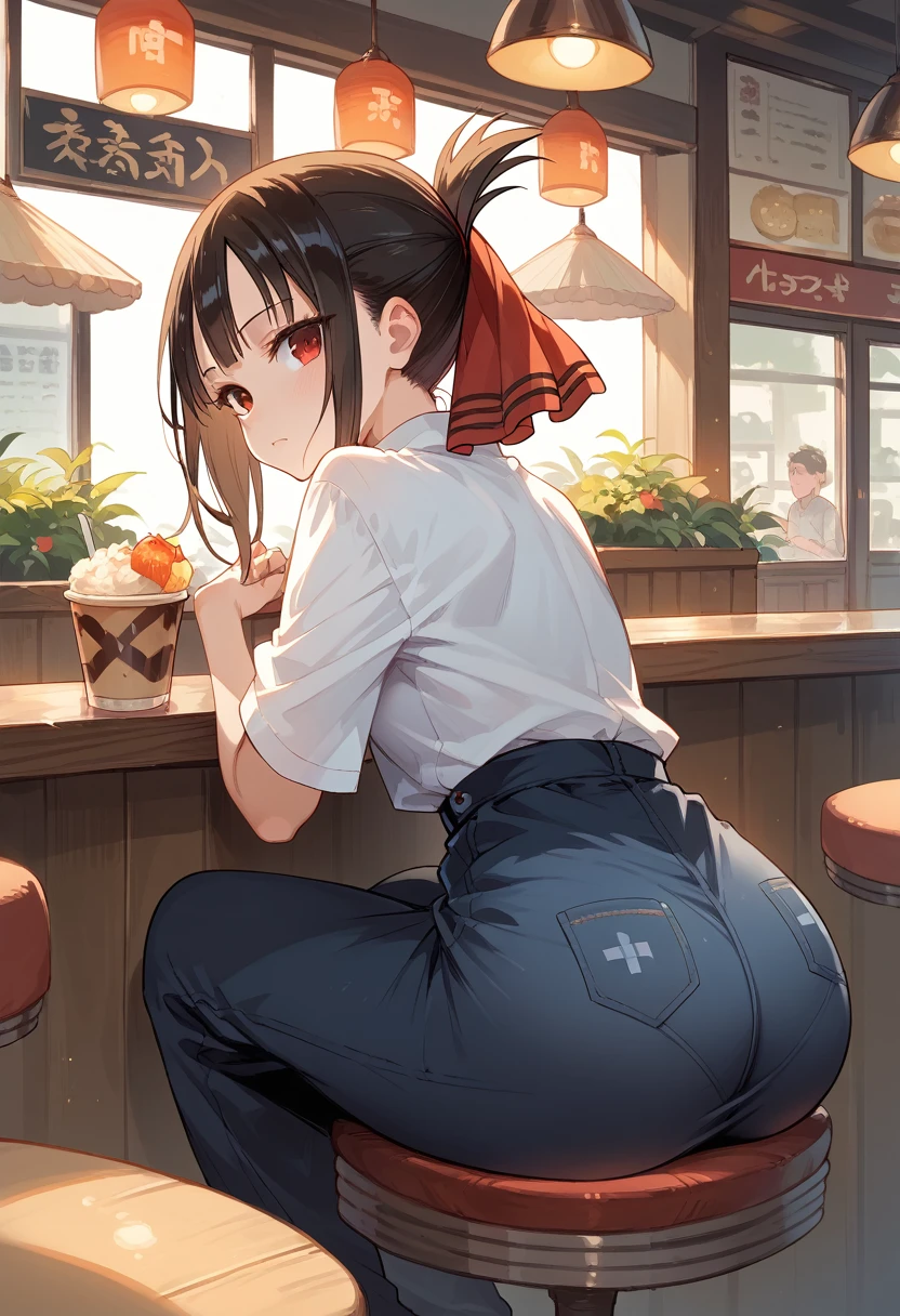 A girl,  Kaguya Shinomiya, Love is War, At a cafe , sitting, big butt