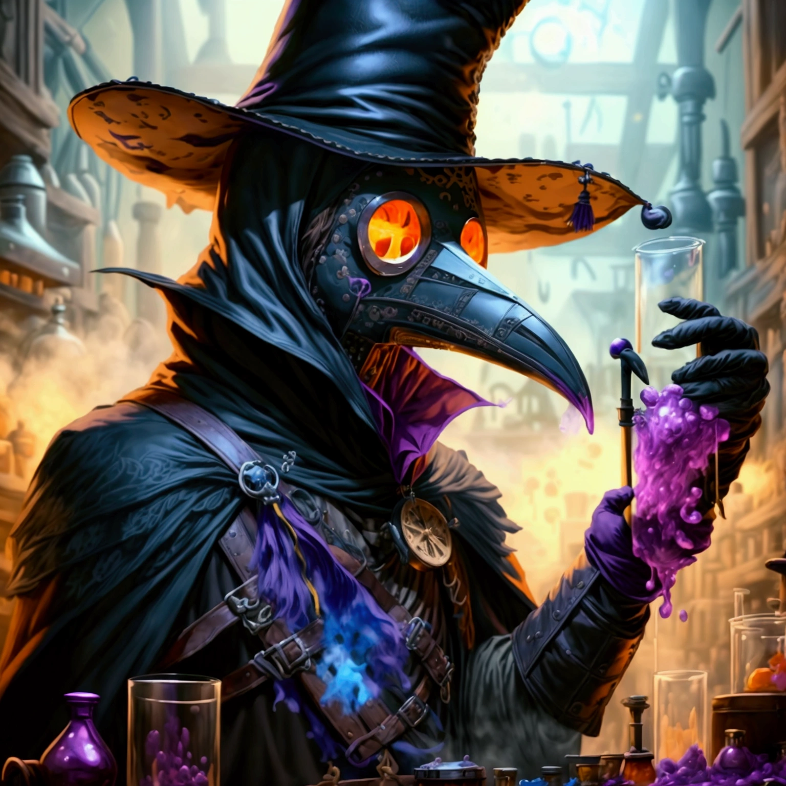 Manic male plague doctor in a metal crow mask, large wide brim hat partially covers his face, leather steampunk attire, long black cape, stands at lab bench, adds ingredients to test tube with purple bubbling liquid, Masterpiece, Award Winning, Best Quality, Illustration, Action Painting, Cinematic, Hyperdetailed, Motion Blur