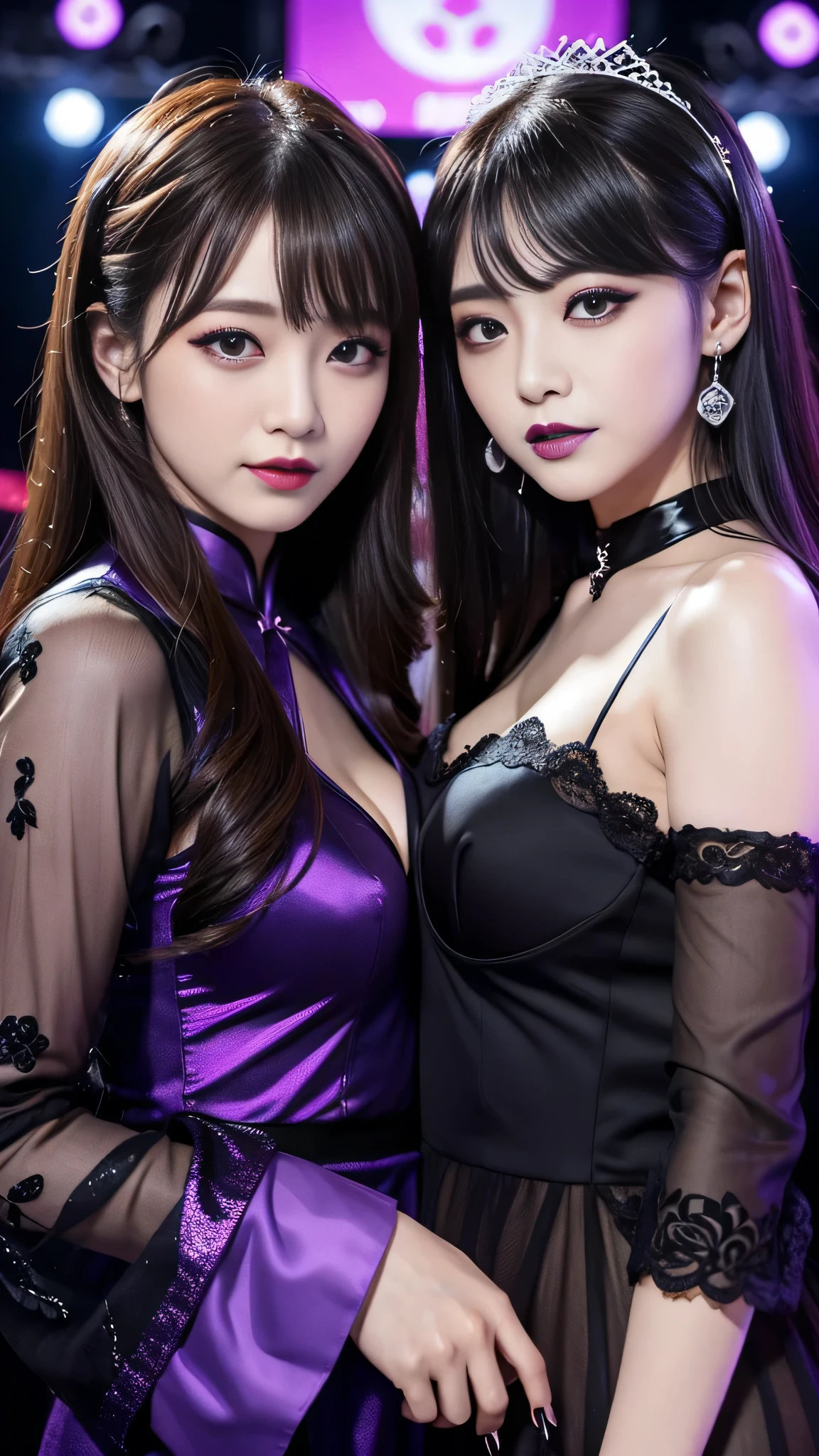 Super detailed、Japanese、charming beauty、Dainty woman、sharp eyes、cool girl、wavy hair、suit、Jacket、blouse、Tight Skirt、black pantyhose、evil female executive、evil depravity、brainwashing、Mind control、lacy fabric、Shiny legs、lipstick、have lip gloss、grin、邪evilなな表情、evil、empty eyes、邪evilな、reach out your hand、in the darkroom、lure、meanwhile、evilic hypnotizing scene, (fantastic castle hall:1.2) background, With glowing magic effects, 2 girls, A girl hypnotizes another girl.